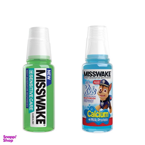 دهان شویه میسویک (Misswake) مدل Sensitive Care حجم 200 میلی‌ لیتر + دهان شویه کودک مدل Chase حجم 200 میلی‌ لیتر