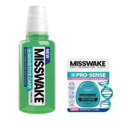 دهان شویه میسویک (Misswake) مدل Sensitive Care حجم 400 میلی‌ لیتر + نخ دندان مدل Pro Sense
