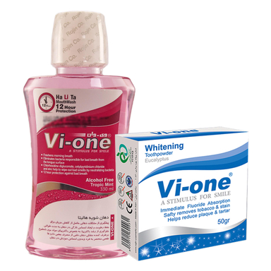 دهان شویه وی وان (Vi-One) مدل هالیتا حجم 330 میلی‌ لیتر + پودر سفید کننده مدل Eucalyptus وزن 50 گرم
