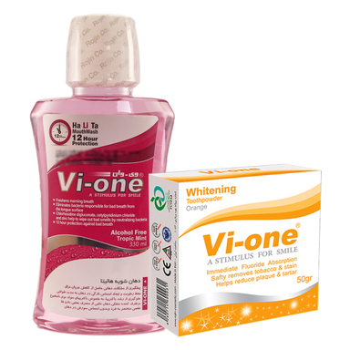 دهان شویه وی وان (Vi-One) مدل هالیتا حجم 330 میلی لیتر + پودر سفید کننده مدل Orange وزن 50 گرم