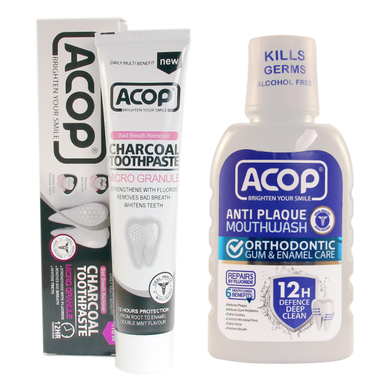 دهان شویه آکوپ (Acop) مدل Orthodontic حجم 300 میلی‌ لیتر + خمیر دندان آکوپ مدل Charcoal حجم 90 میلی‌ لیتر