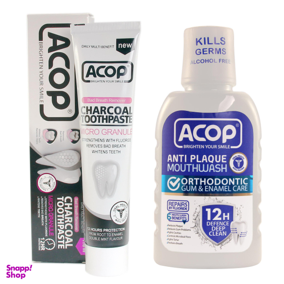 دهان شویه آکوپ (Acop) مدل Orthodontic حجم 300 میلی‌ لیتر + خمیر دندان آکوپ مدل Charcoal حجم 90 میلی‌ لیتر