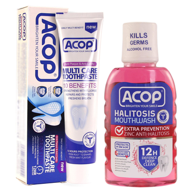 دهان شویه آکوپ (Acop) مدل Halitosis حجم 300 میلی‌ لیتر + خمیر دندان آکوپ مدل Multi Care حجم 90 میلی‌ لیتر