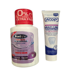 خمیر‌دندان آکوپ (Acop) مدل Multi Care حجم 90 میلی‌ لیتر + دهان‌ شویه فور لایف مدل Sensitive حجم 330 میلی‌ لیتر