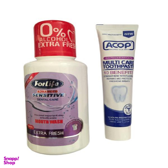 خمیردندان آکوپ (Acop) مدل Multi Care حجم 90 میلی لیتر + دهان شویه فور لایف مدل Sensitive حجم 330 میلی لیتر