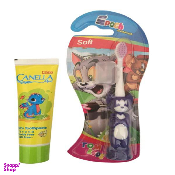 خمیر دندان مدل Banana حجم 60 میلی‌لیتر کنلامکس (Canella Max) به همراه مسواک ایپوچ مدل Tom Kids 01 با برس نرم