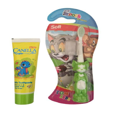 خمیر دندان مدل Banana حجم 60 میلی‌لیتر کنلامکس (Canella Max) به همراه مسواک ایپوچ مدل Tom Kids 02 با برس نرم