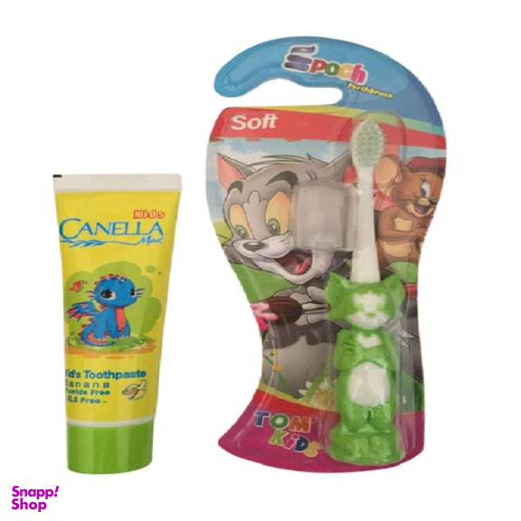 خمیر دندان مدل Banana حجم 60 میلی‌لیتر کنلامکس (Canella Max) به همراه مسواک ایپوچ مدل Tom Kids 02 با برس نرم