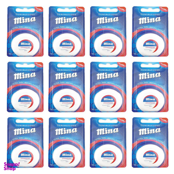نخ دندان مینا (Mina) مدل Ultra thin با اسانس توت فرنگی طول 50 متر بسته 12 عددی