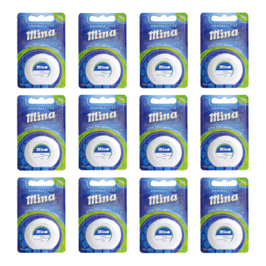 نخ دندان مینا (Mina) مدل Ultra thin با اسانس نعناع طول 50 متر بسته 12 عددی