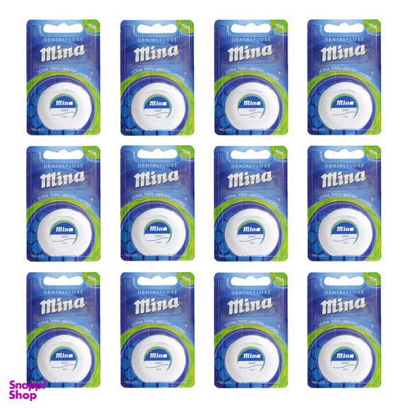 نخ دندان مینا (Mina) مدل Ultra thin با اسانس نعناع طول 50 متر بسته 12 عددی