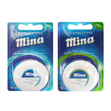 نخ دندان مینا (Mina) مدل Ultra thin با اسانس نعناع طول 50 متر + نخ دندان مینا مدل Ultra thin با اسانس اکالیپتوس