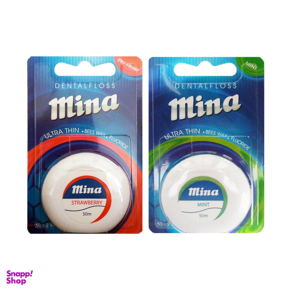 نخ دندان مینا (Mina) مدل Ultra thin با اسانس نعناع طول 50 متر + نخ دندان مینا مدل Ultra thin با اسانس توت فرنگی