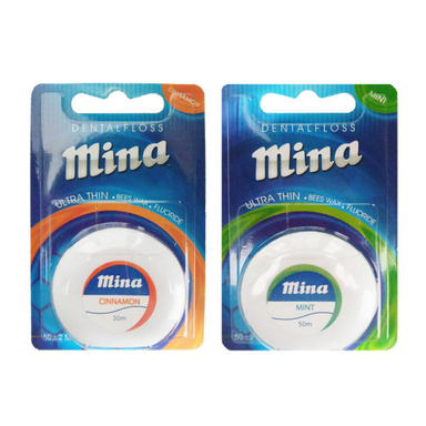 نخ دندان مینا (Mina) مدل Ultra thin با اسانس نعناع طول 50 متر + نخ دندان مینا مدل Ultra thin با اسانس دارچین طول 50 متر
