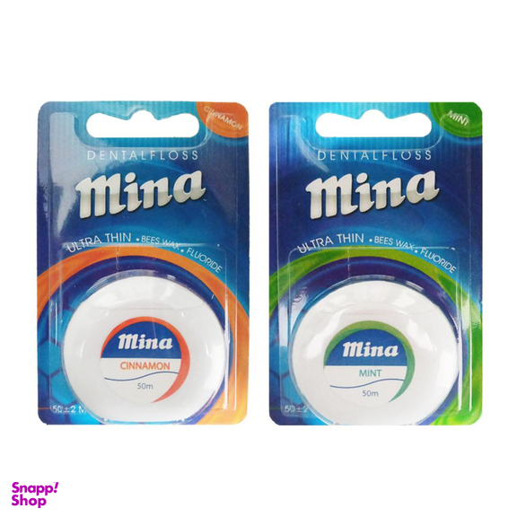 نخ دندان مینا (Mina) مدل Ultra thin با اسانس نعناع طول 50 متر + نخ دندان مینا مدل Ultra thin با اسانس دارچین طول 50 متر