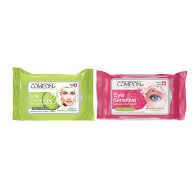 پک دستمال مرطوب کامان (Comeon) مدل Milk Cleanser بسته 20 عددی به همراه دستمال پاک‌ کننده آرایش چشم بسته 10 عددی
