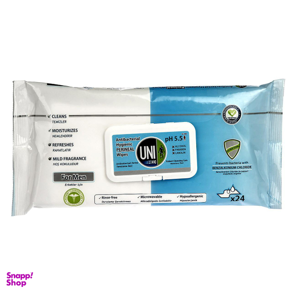 دستمال مرطوب آقایان یونی مد (Uni Med) مدل Antibacterial Hygienic Perineal بسته 24 عددی