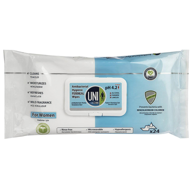 دستمال مرطوب بانوان یونی مد (Uni Med) مدل Antibacterial Hygienic Perineal بسته 24 عددی