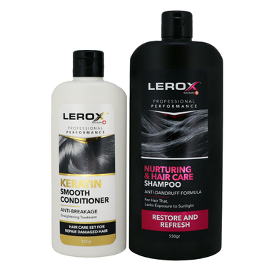 شامپو مو لروکس (Lerox) مدل Nurturing و Hair Care حجم 550 میلی‌لیتر+نرم کننده مو لروکس (Lerox) مدل Keratin