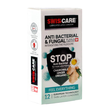 کاندوم سوییس کر (Swisscare) مدل AntiBACTERIAL and FUNGAL بسته 12 عددی