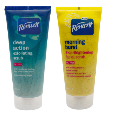 اسکراب لایه بردار پوست رینو زیت (Renuzit) مدل Deep Action حجم 200 میلی‌لیتر + اسکراب سفید کننده پوست Morning Burst