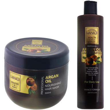 ماسک مو هانادی (Hanadi) مدل ARGAN حجم 500 میلی‌لیتر به همراه شامپو مو حجم 500 میلی‌لیتر