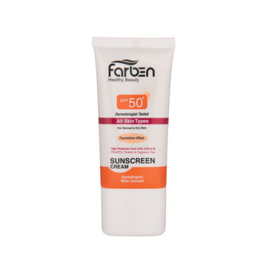 کرم ضد آفتاب فاقد چربی فاربن (Farben) با پوشش کرم پودری با SPF50 رنگ بژ طبیعی حجم 50 میلی‌لیتر