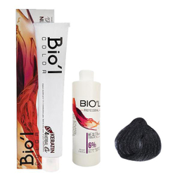 کیت رنگ مو بیول (Biol) سری Professional شماره 1.1 رنگ مشکی پر کلاغی حجم 100 میلی‌ لیتر + اکسیدان شش درصدی
