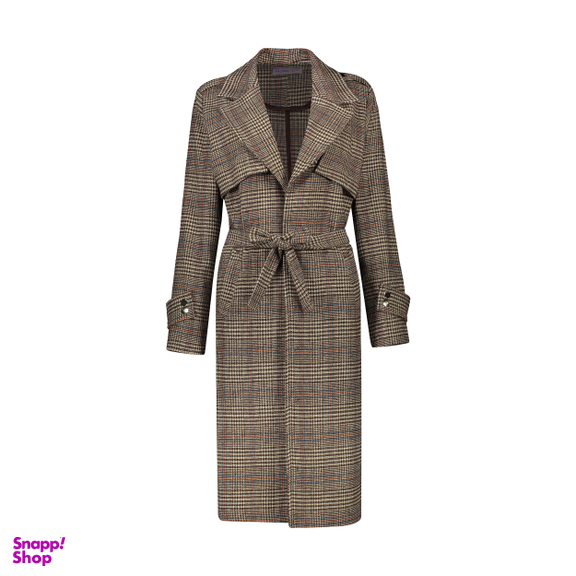 مانتو زنانه مانگ (Mong) مدل پشمی چهارخانه ژیله دار رنگ نسکافه ای