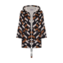 کاپشن زنانه مانگ (Mong) مدل فوتر طرح دار کلاهدار رنگ شتری