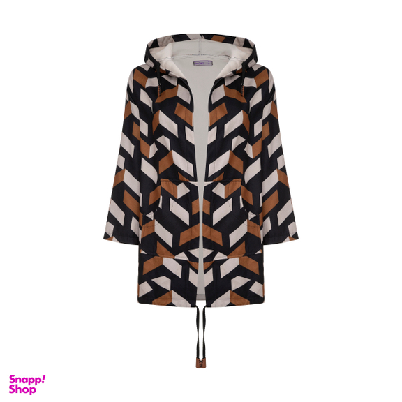 کاپشن زنانه مانگ (Mong) مدل فوتر طرح دار کلاهدار رنگ شتری