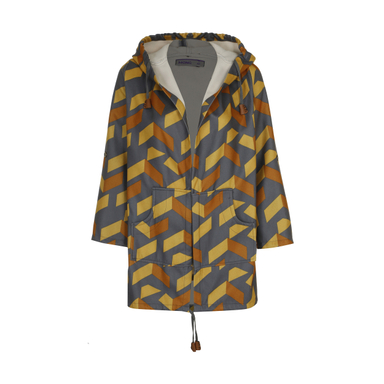 کاپشن زنانه مانگ (Mong) مدل فوتر طرح دار کلاهدار رنگ زرد