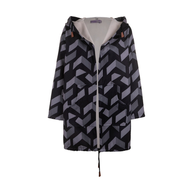 کاپشن زنانه مانگ (Mong) مدل فوتر طرح دار کلاهدار رنگ طوسی