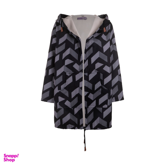 کاپشن زنانه مانگ (Mong) مدل فوتر طرح دار کلاهدار رنگ طوسی