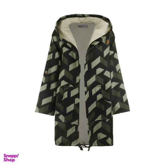 کاپشن زنانه مانگ (Mong) مدل فوتر طرح دار کلاهدار رنگ سبز