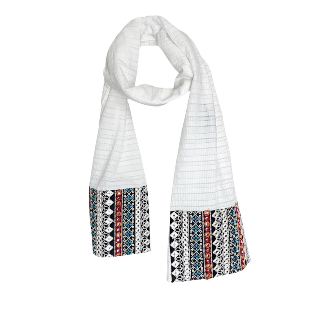 شال نخی وسمه (VASMEH) با آیینه کاری سنتی رنگ سفید سایز196*38 cm