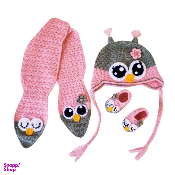 ست کلاه و شال گردن و پاپوش بافتنی نوزادی مدل عروسکی مجموعه 3 عددی