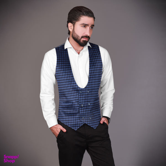 جلیقه مردانه مدل مخمل چهارخانه رنگ سرمه ای