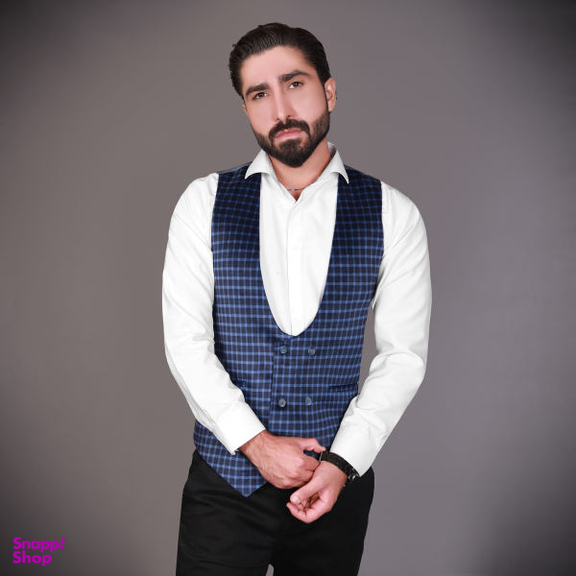 جلیقه مردانه مدل مخمل چهارخانه رنگ سرمه ای