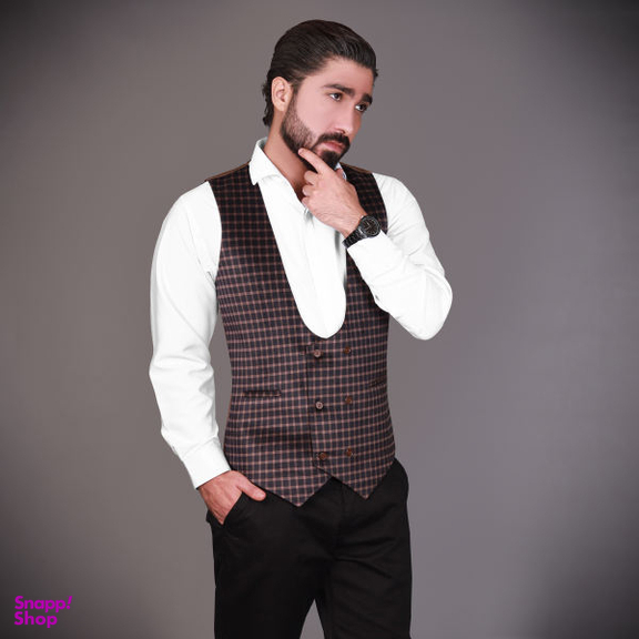 جلیقه مردانه مدل مخمل چهارخانه رنگ نسکافه ای