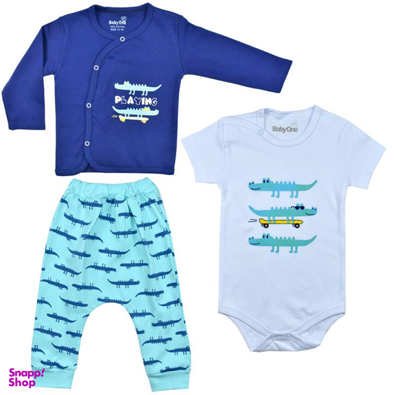 ست 3 تکه لباس نوزادی بی بی وان (Baby One) مدل تمساح