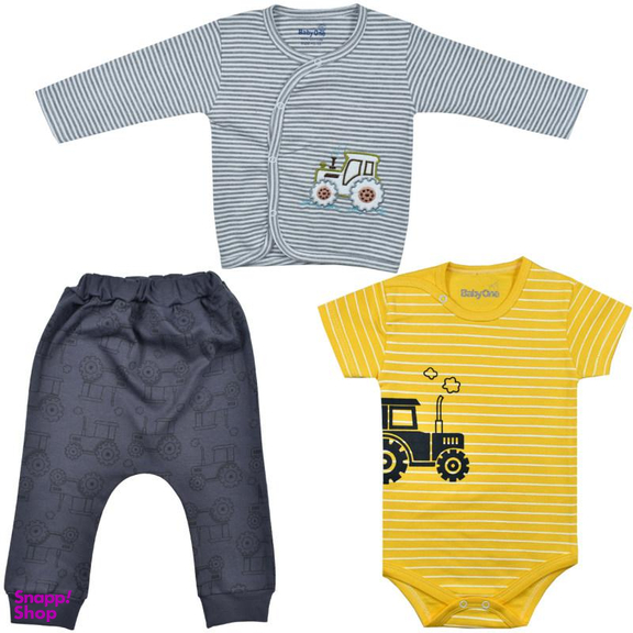 ست 3 تکه لباس نوزادی بی بی وان (Baby One) مدل تراکتور