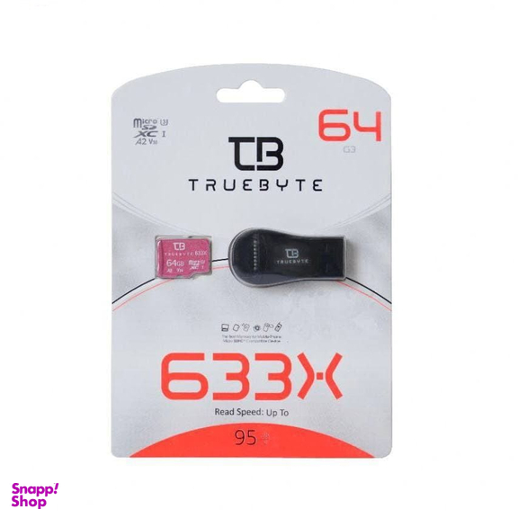 کارت حافظه microSDXC تروبایت(Truebyte)مدل 633X-A2-V30 کلاس 10 استاندارد UHS-I U3سرعت 95MBps ظرفیت 64 گیگابایت+کارت خوان