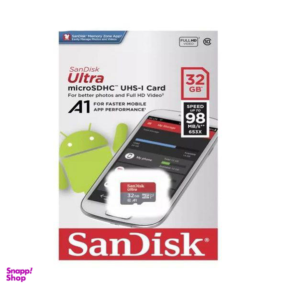 کارت حافظه MicroSDXC سن دیسک مدل Ultra A1 کلاس 10 استاندارد UHS I سرعت 98MBps ظرفیت 32 گیگابایت