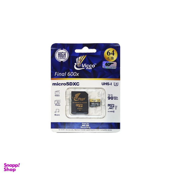 کارت حافظه Microsdxc ویکومن (Vicco Man) مدل Final 600X Uhs-I U3 سرعت 90Mbps ظرفیت 64 گیگا بایت همراه با آداپتور Sd