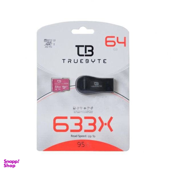 کارت حافظه microSD XC تروبایت (Truebyte) مدل 633X-A2-V30 کلاس 10 استاندارد UHS-I U3 سرعت 95MBps ظرفیت 64GB+کارت خوان بسته 5 عددی