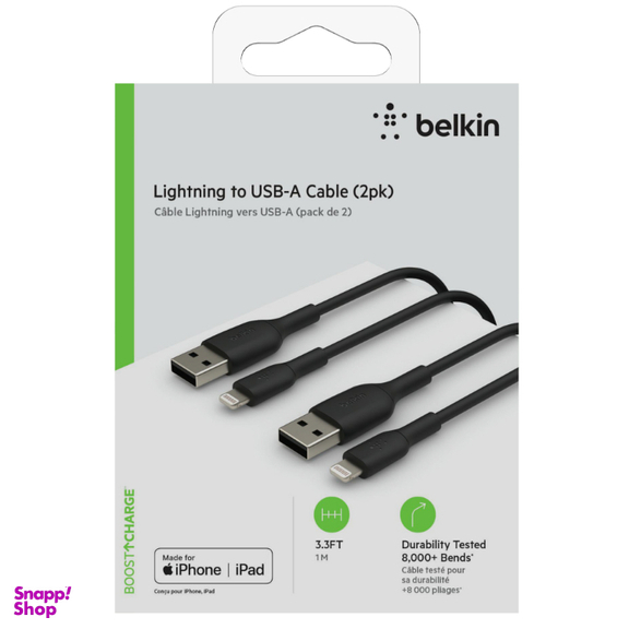 کابل تبدیل USB-A به لایتنینگ بلکین مدل CAA001bt1MBK2PK طول 1 متر مجموعه 2 عددی