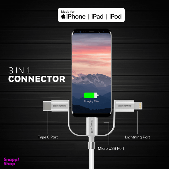 کابل تبدیل USB به MicroUSB/ لایتنینگ/Type-C هانیول مدل HC000041 طول 1٫2 متر