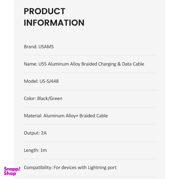 کابل تبدیل USB به لایتنینگ یوسمز (USAMS) مدل SJ448 U55 طول 1 متر