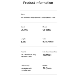 کابل تبدیل USB به لایتنینگ یوسمز (USAMS) مدل SJ487 U64 طول 1 متر